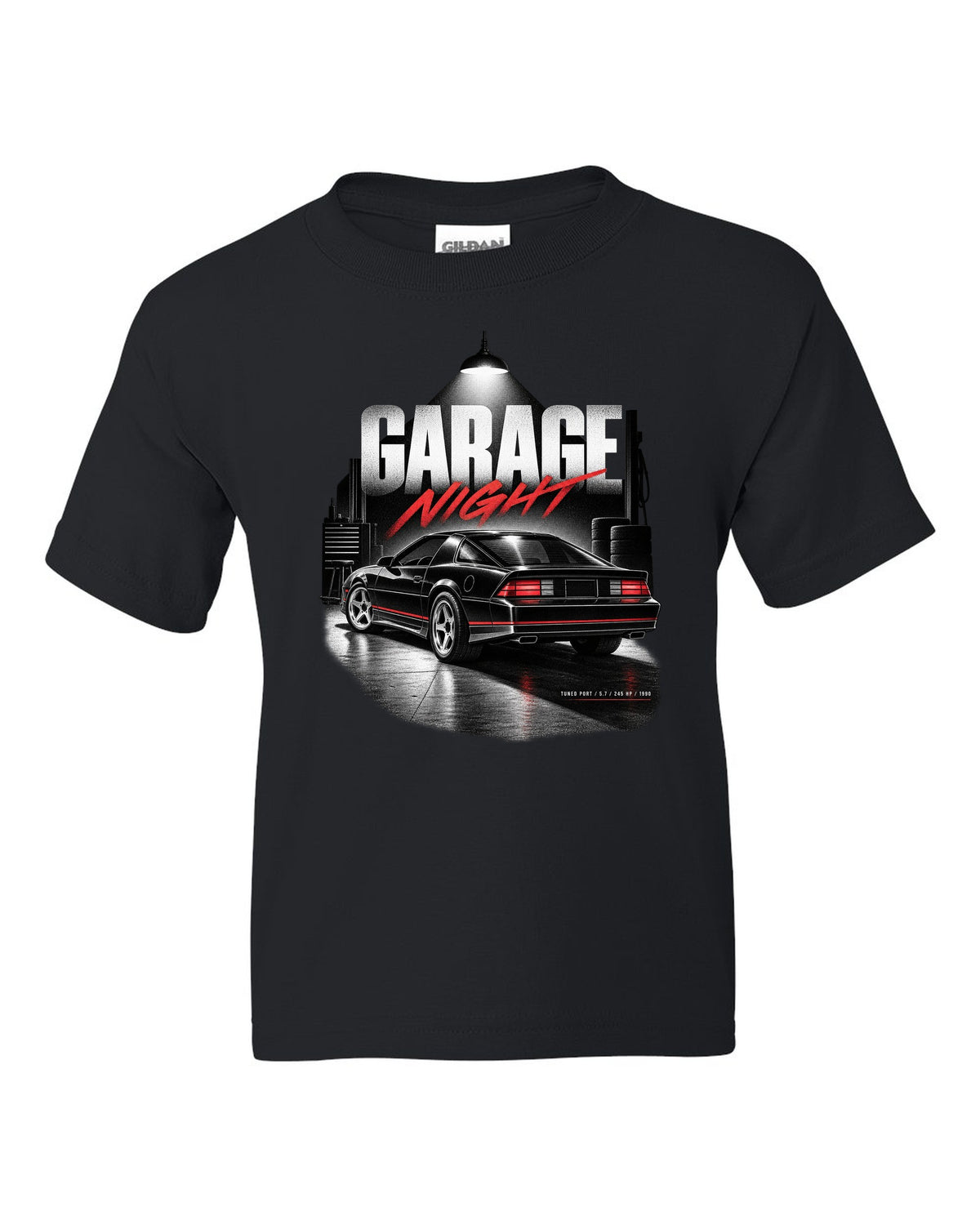 Garage-night print of a 1990 Chevrolet Camaro IROC-Z with tuned port 5.7 245 hp text black kids tee front view with the design