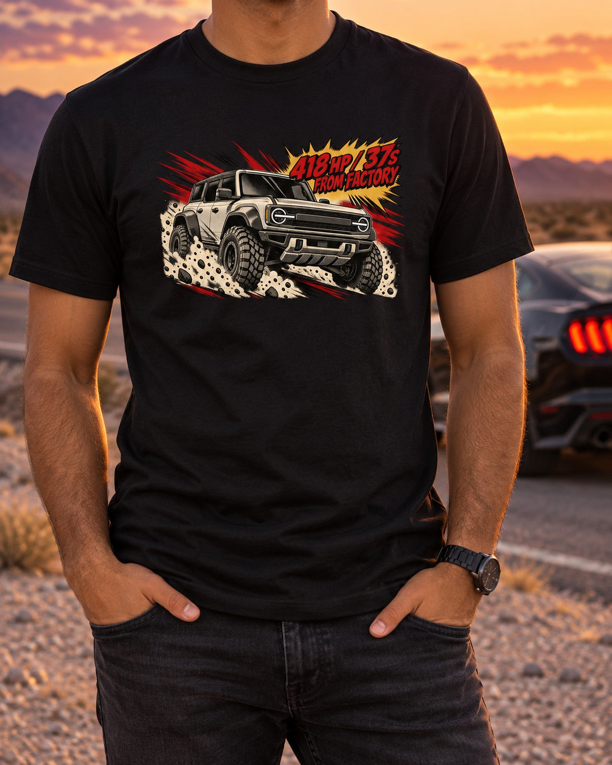 2022 Ford Bronco Raptor Desert Jump Retro Manga Panel Tee T-Shirt Black worn hero