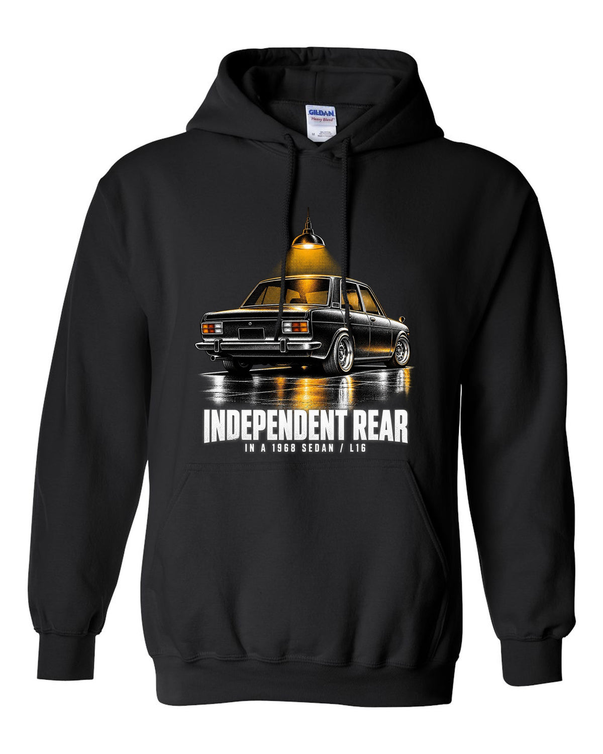 print of a 1968 Datsun 510 PL510 sedan from the rear three-quarter in a night garage black pull over hoodie front view with the design