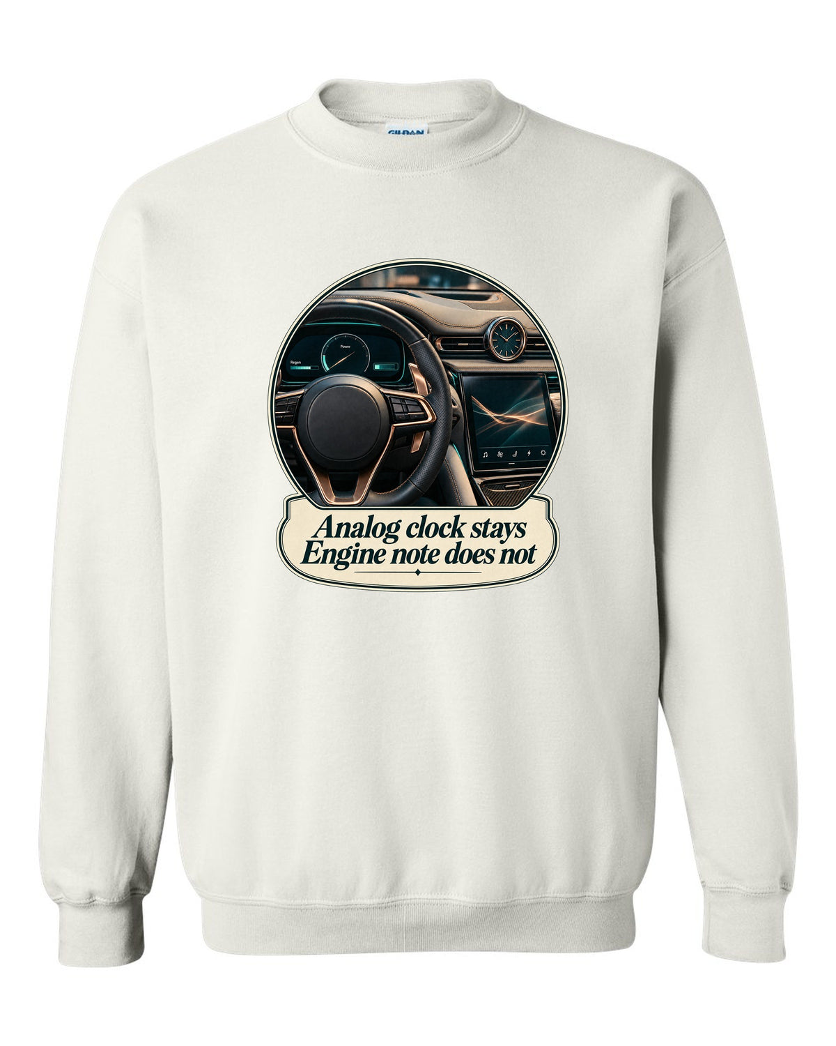 Maserati GranTurismo Folgore cockpit with analog clock, print white crewneck front view with the design
