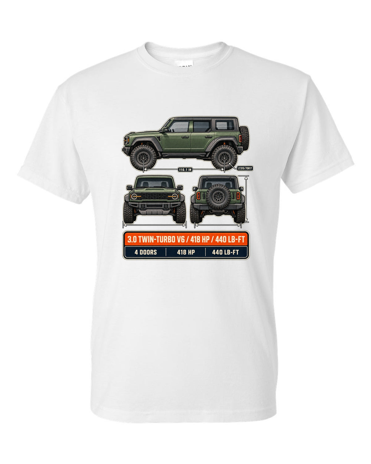 Ford Bronco Raptor three-view drawing with spec table print white t-shirt front view with the design