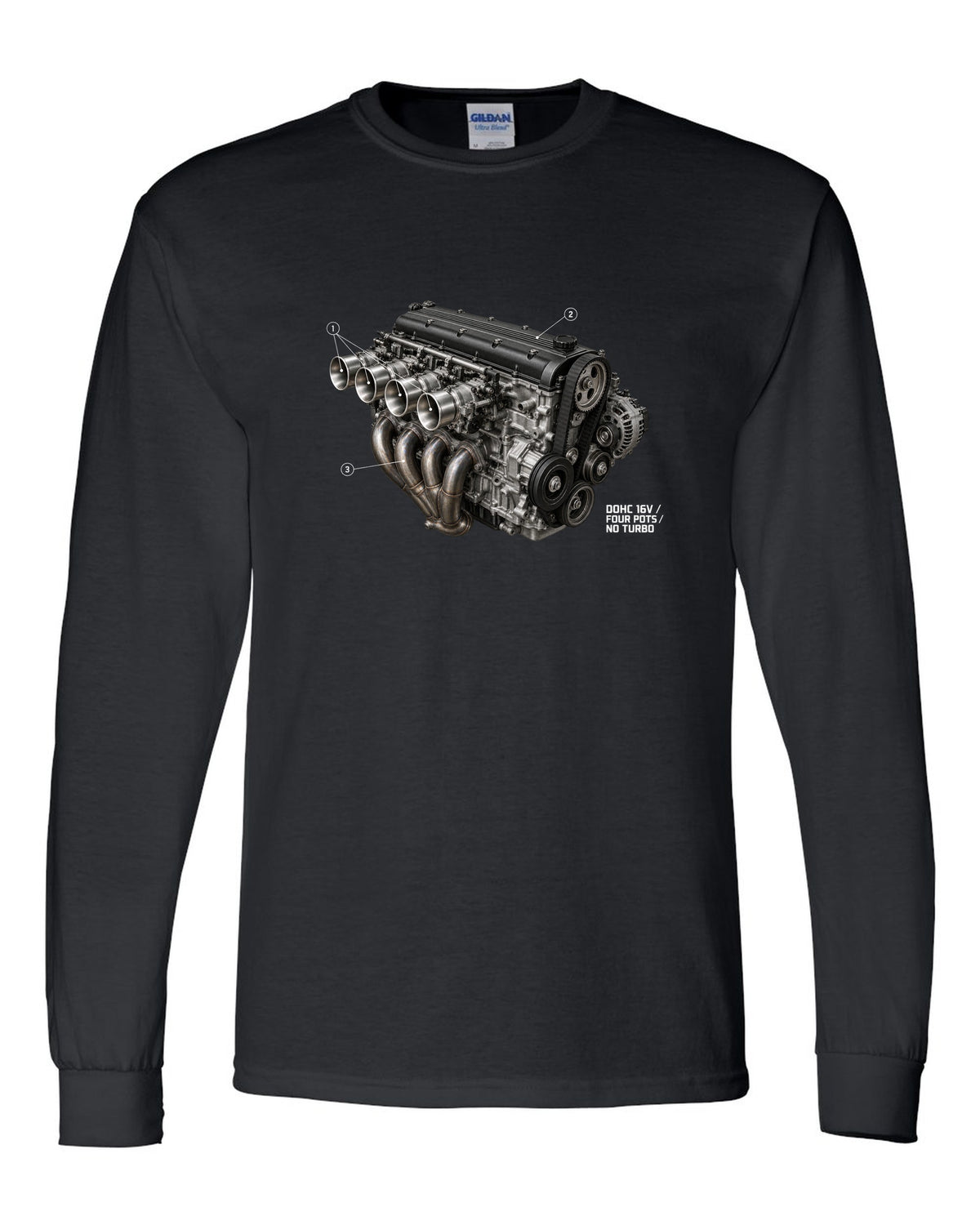 BMW E30 M3 S14 engine hero print labelled DOHC 16V four pots no turbo black long sleeve front view with the design