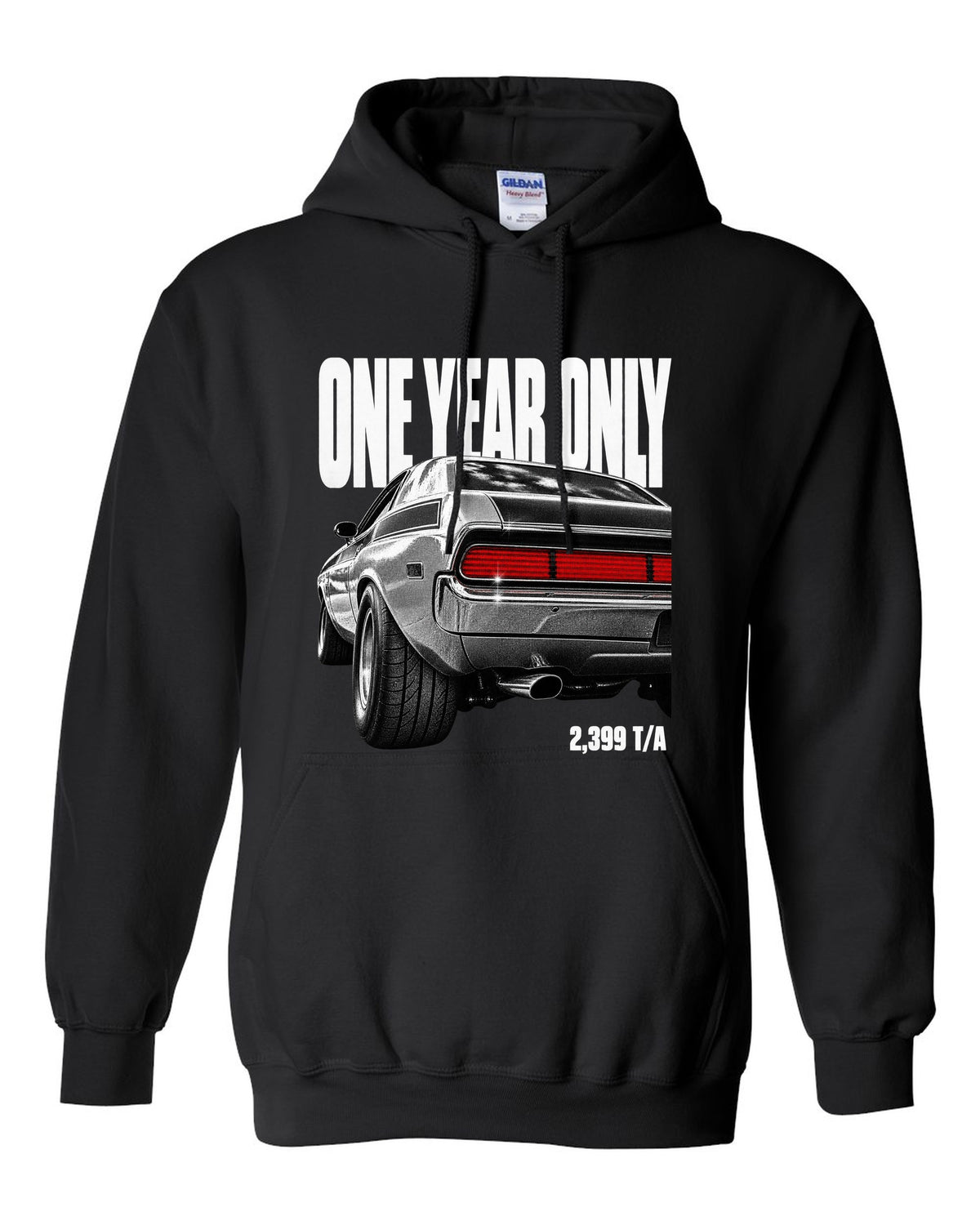 Taillight macro print of a 1970 Dodge Challenger T/A with one year only 2,399 T/A text black pull over hoodie front view with the design