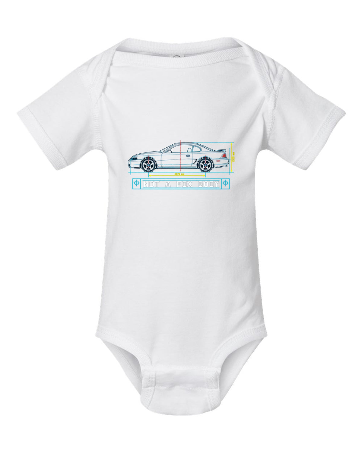 1994-98 SN95 Mustang Coupe Blueprint white baby onesie front view with the design