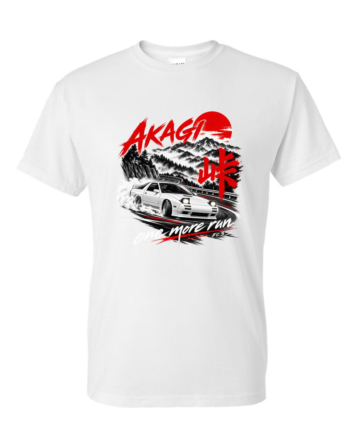 Night print of a Mazda RX-7 FC3S on Akagi with one more run lettering white t-shirt front view with the design
