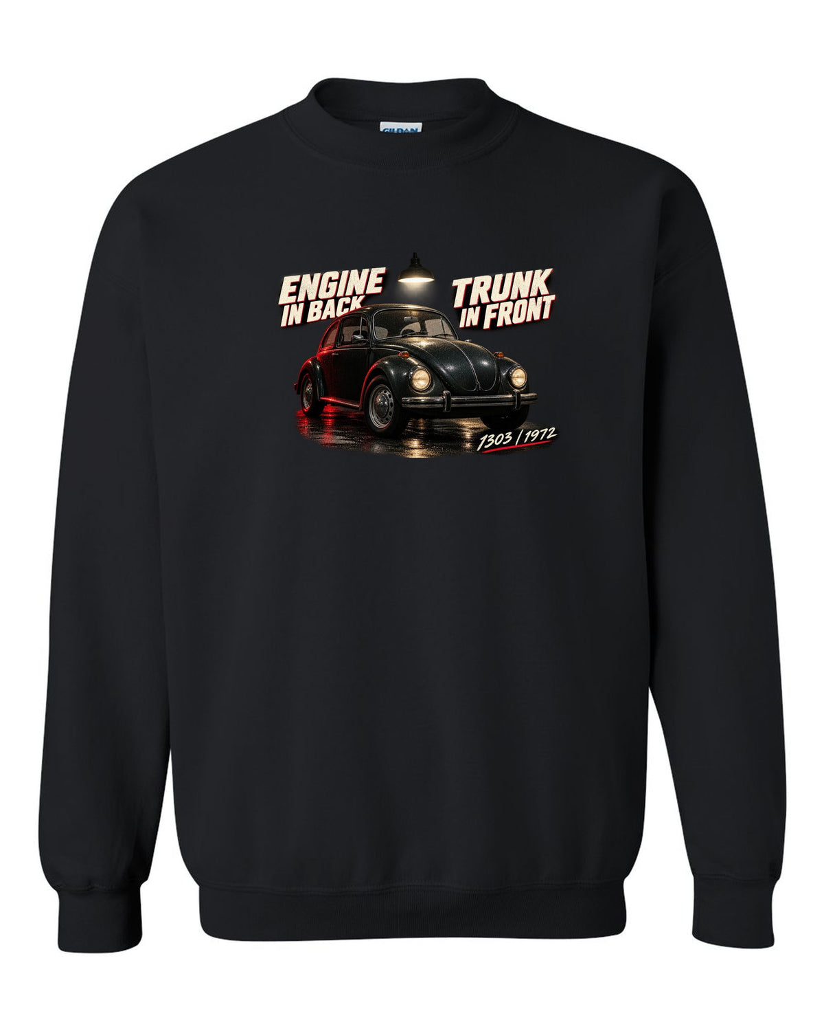 Garage night print of a VW Beetle 1303 front three-quarter with engine in back trunk in front text black crewneck front view with the design