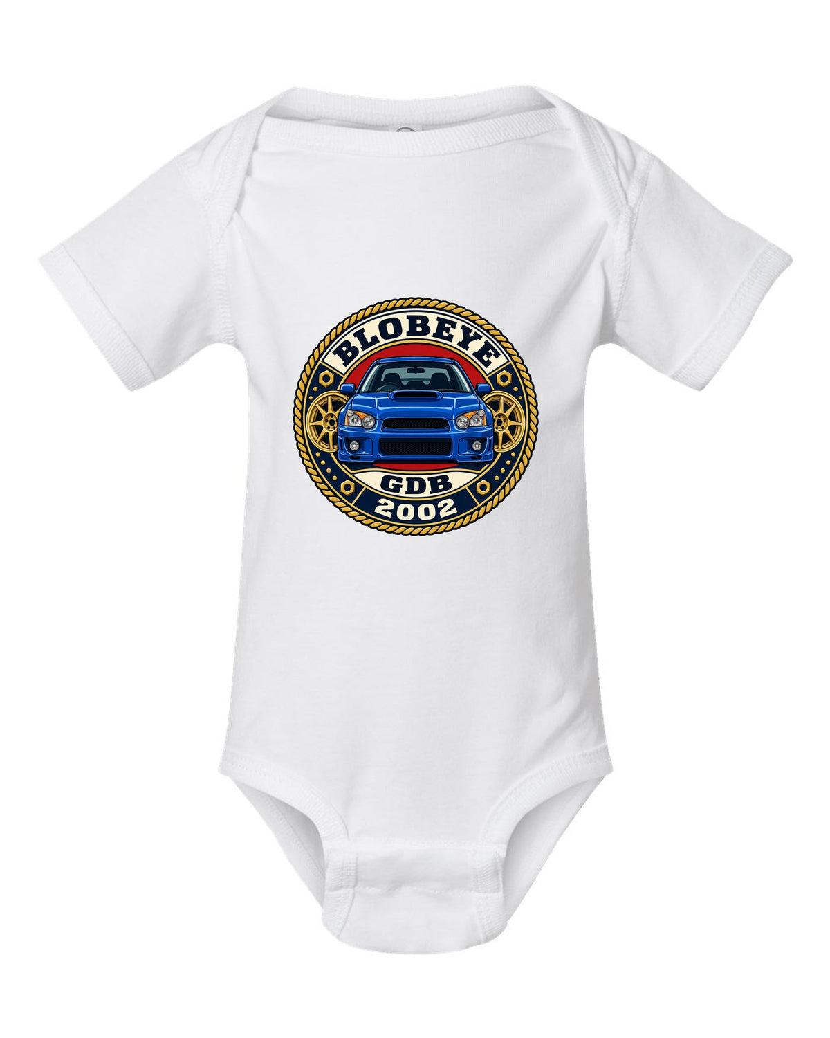 Subaru Impreza WRX GDB Blobeye round varsity crest print, BLOBEYE / GDB / 2002 white baby onesie front view with the design