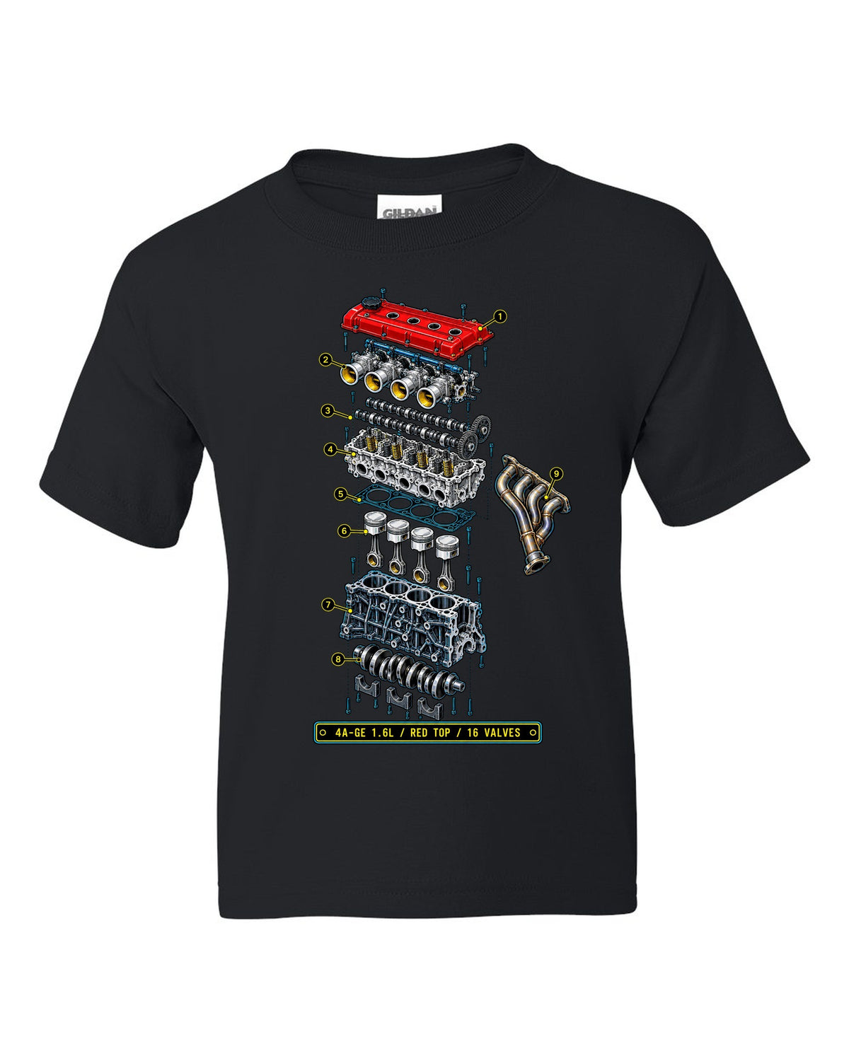 Blueprint exploded diagram of the Toyota AE86 Corolla Levin 4A-GE 1.6L engine black kids tee front view with the design