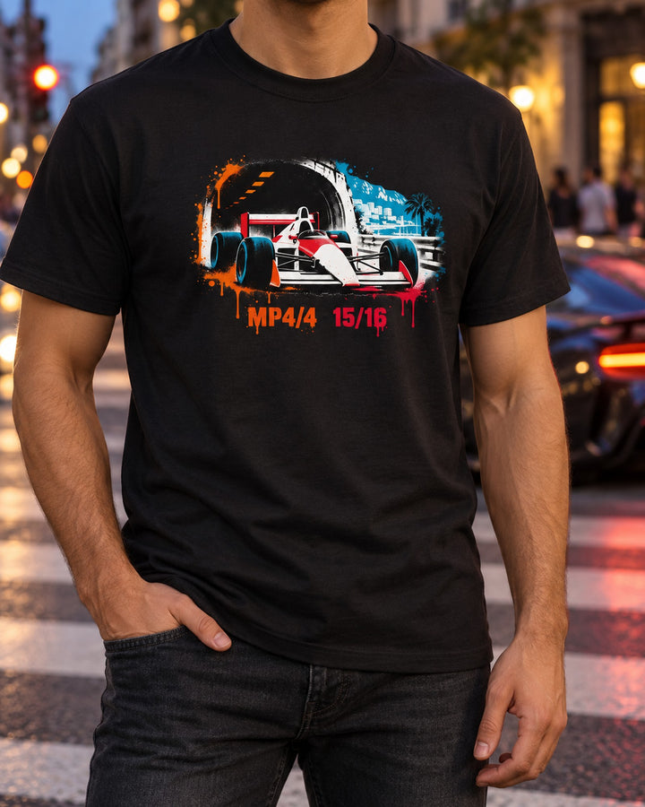 McLaren MP4/4 Stencil Street Art Tee, 15 of 16 Wins T-Shirt Black worn hero