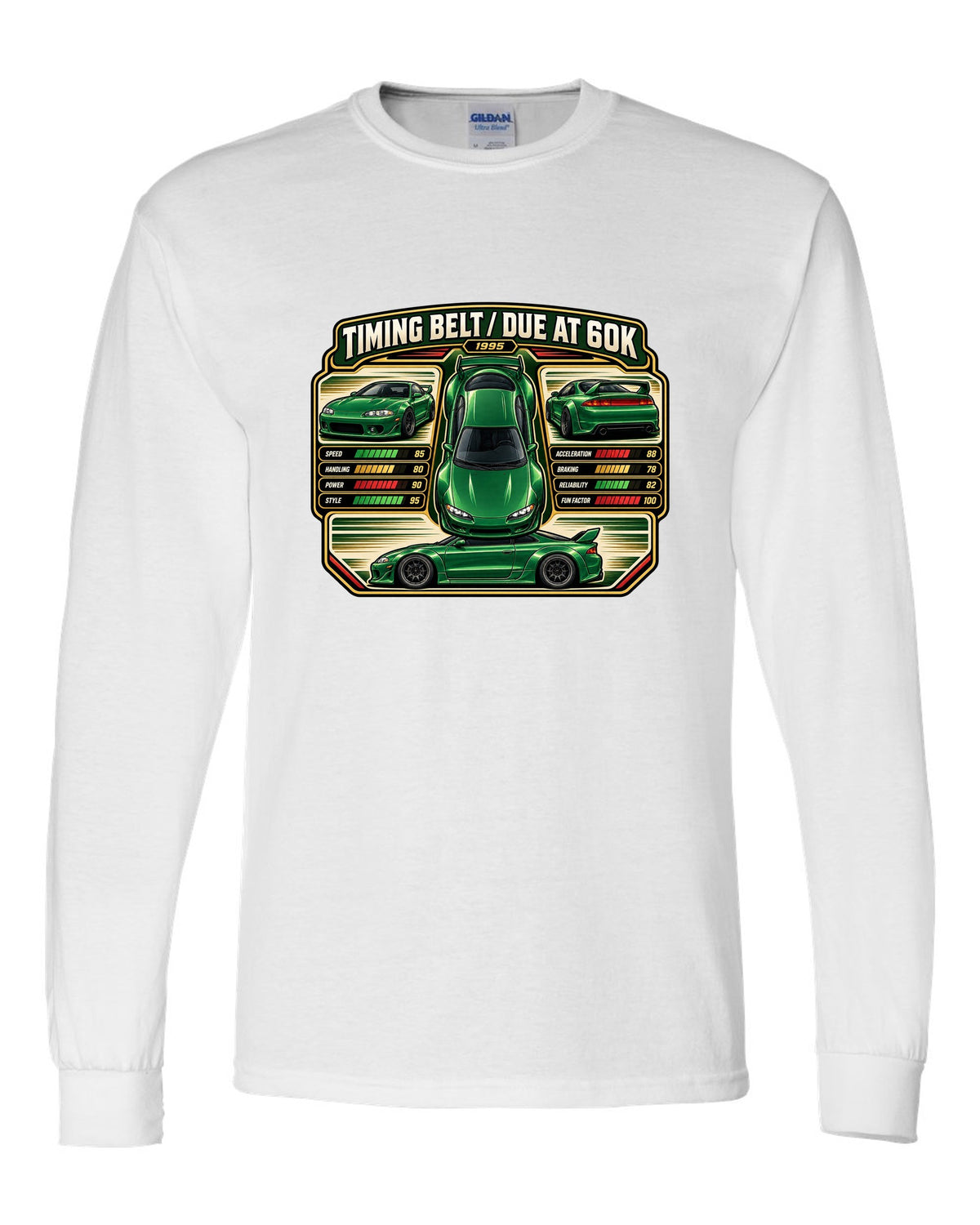 Top-down vector trading card print of a widebody Mitsubishi Eclipse GSX 2G with timing belt due at 60K text white long sleeve front view with the design