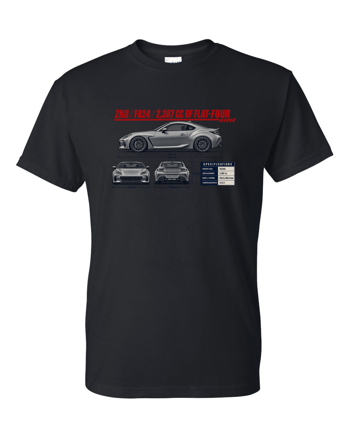 Three-view drawing with spec table of a Toyota GR86 ZN8, poster-style print black t-shirt front view with the design