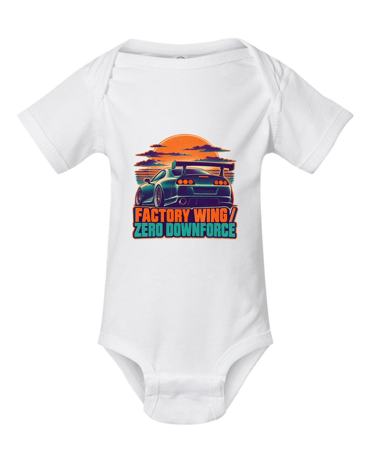 Risograph two-colour dusk print of a Toyota Supra A80 JZA80 with factory wing zero downforce text white baby onesie front view with the design