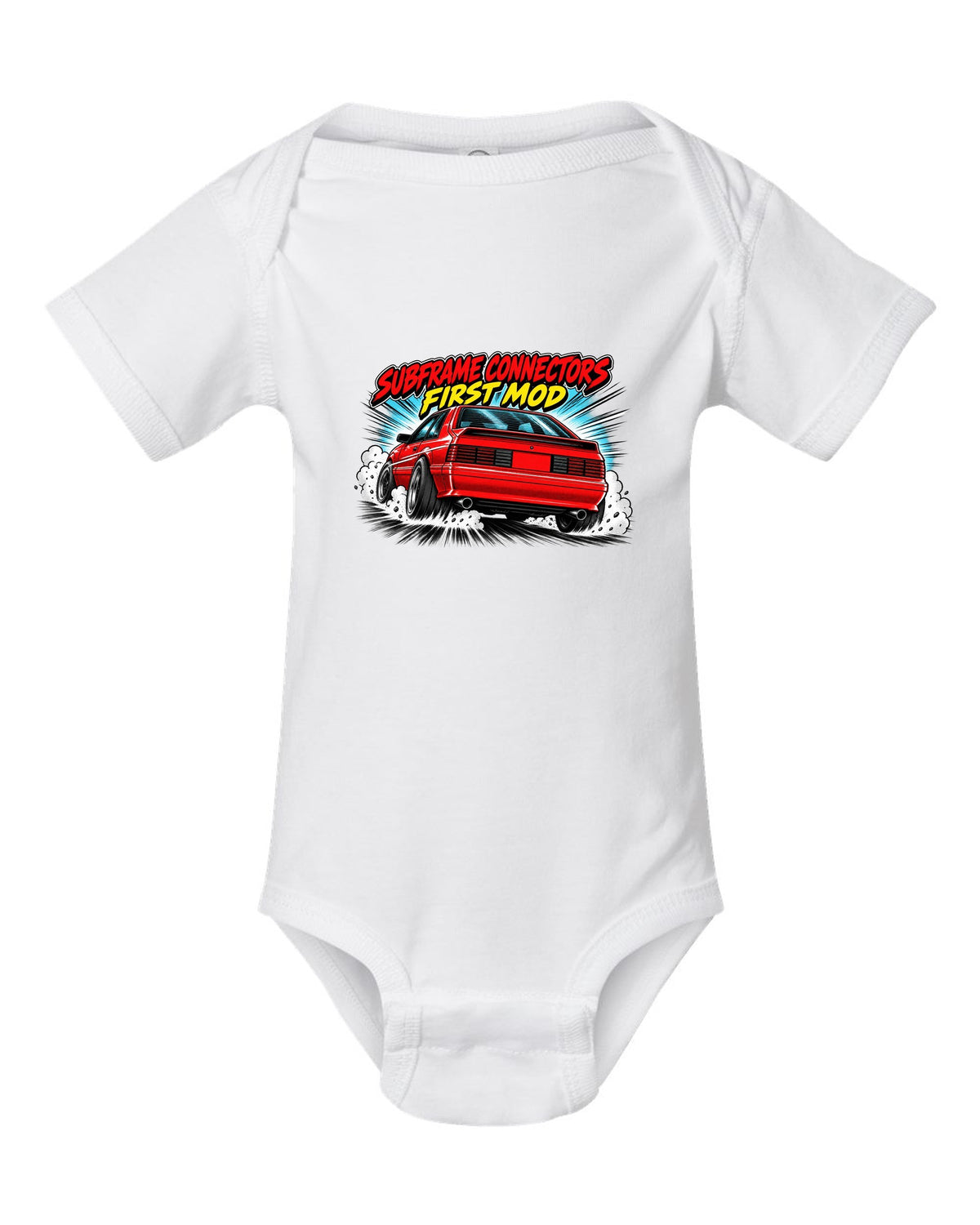 Retro manga halftone panel print of a 1991 Ford Mustang Fox Body GT chback white baby onesie front view with the design