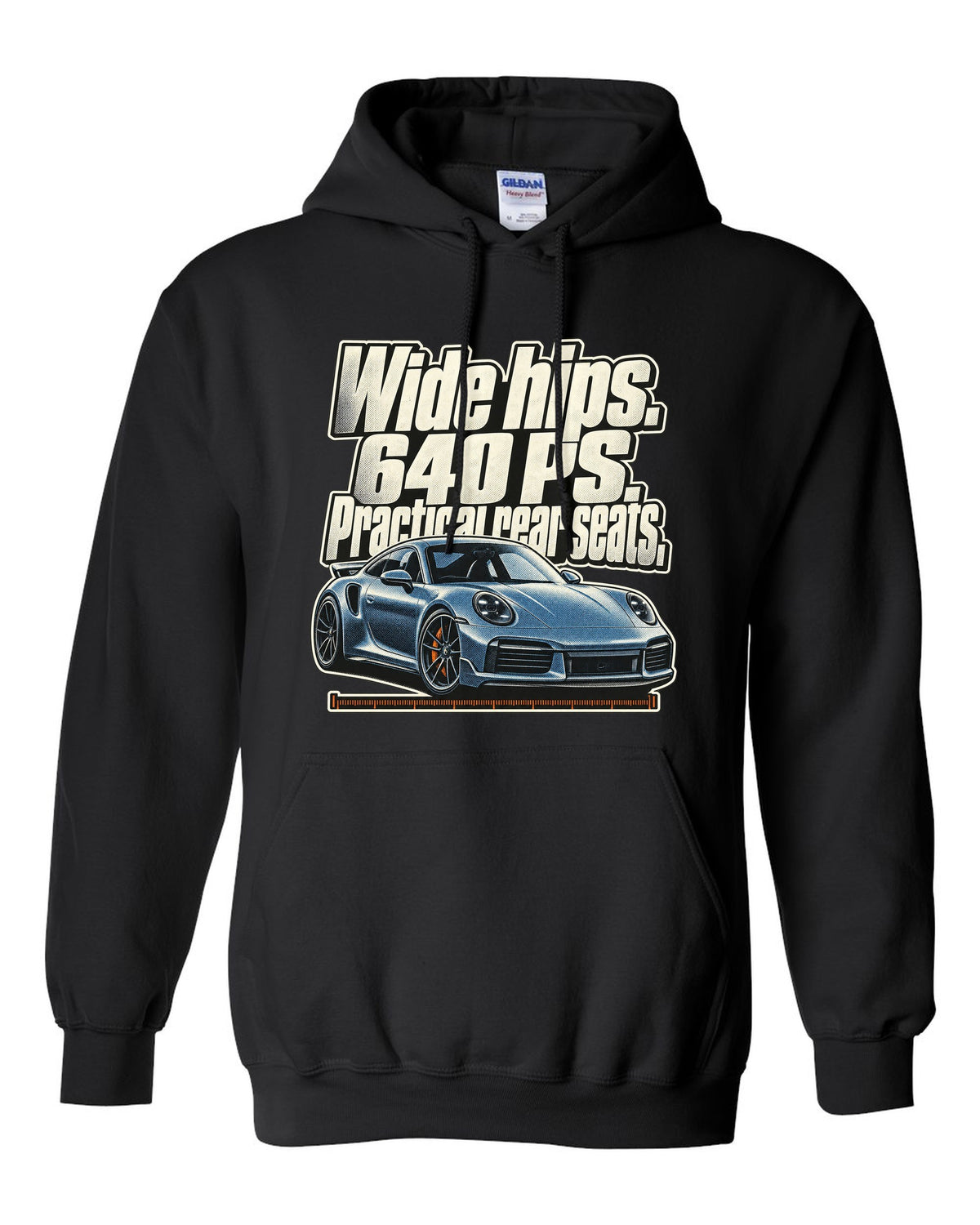 Halftone print of a Porsche 911 Turbo S 992 coupe with a three-line statement black pull over hoodie front view with the design