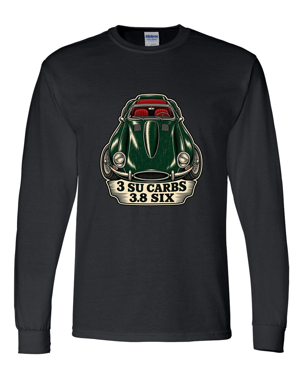 Jaguar E-Type Series 1 long bonnet woodcut with 3 SU CARBS 3.8 SIX lettering black long sleeve front view with the design