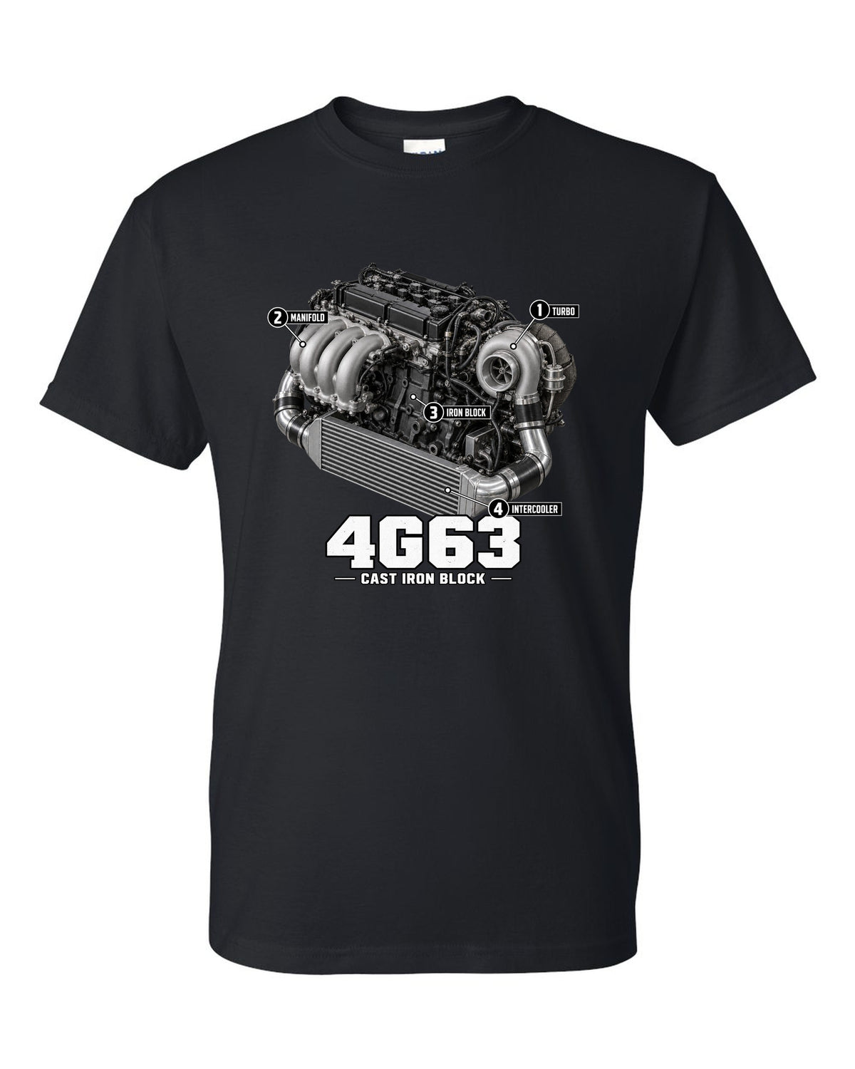 Engine diagram print for the Mitsubishi Lancer Evolution VI CP9A showing a 4G63 with turbo, manifold, iron block and intercooler callouts black t-shirt front view with the design