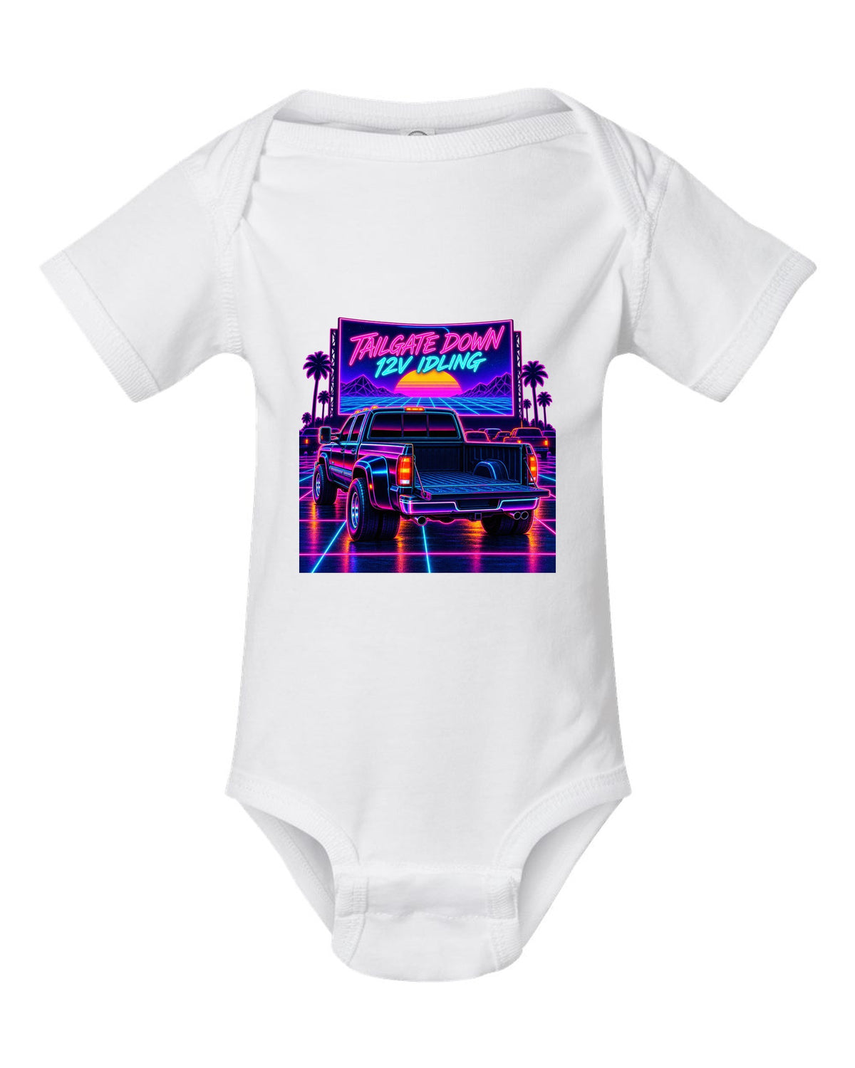Neon synthwave drive-in print of a 1994-1998 Dodge Ram 2500 12V Cummins with tailgate down white baby onesie front view with the design