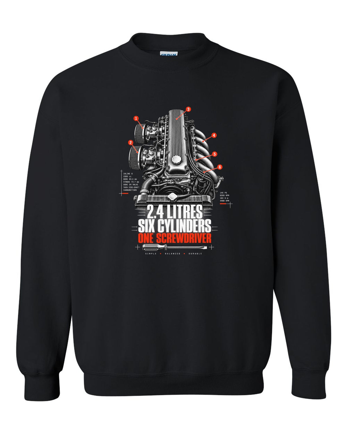 print of a Datsun 240Z L24 engine bay with six cylinders and screwdriver lettering black crewneck front view with the design