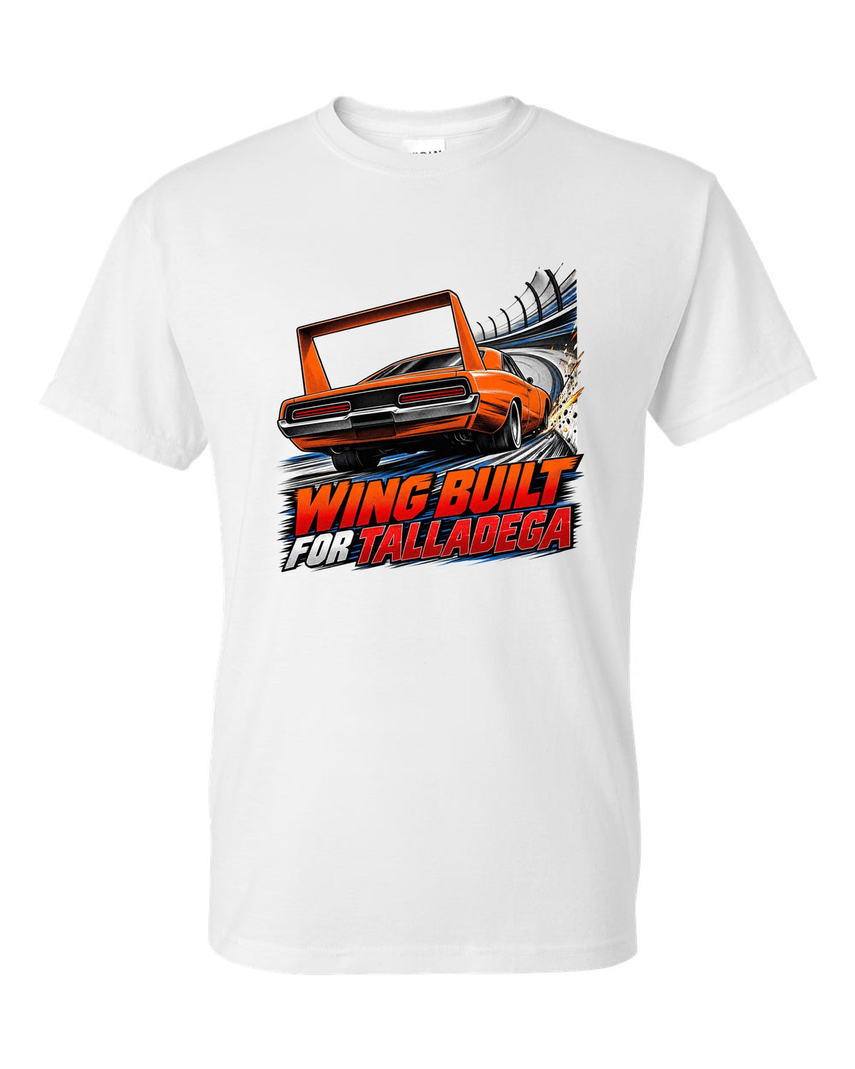 Retro manga halftone panel of a 1969 Dodge Charger Daytona with wing speed lines and Talladega text white t-shirt front view with the design