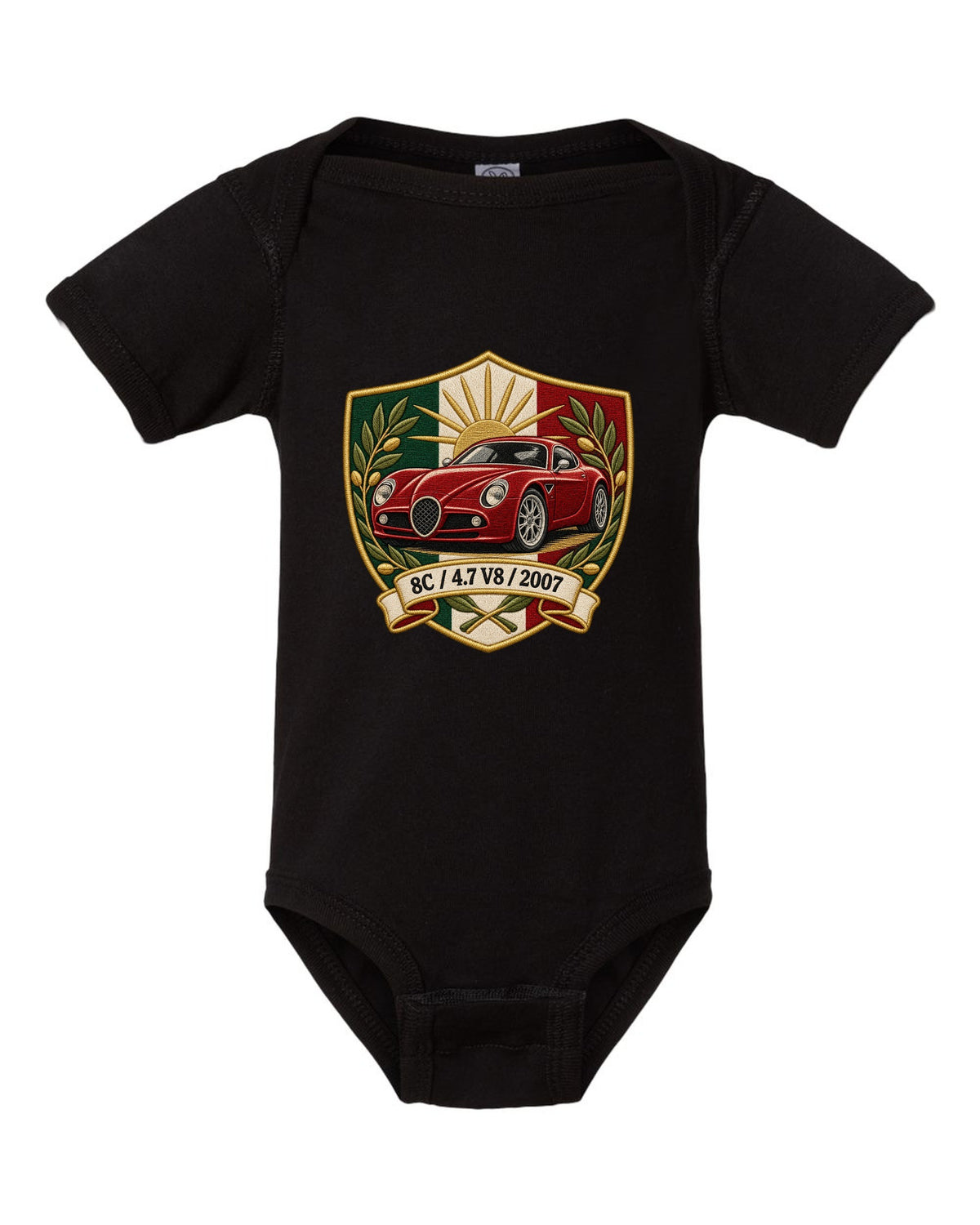 Embroidery style varsity crest for an Alfa Romeo 8C Competizione with 4.7 V8 and 2007 black baby onesie front view with the design