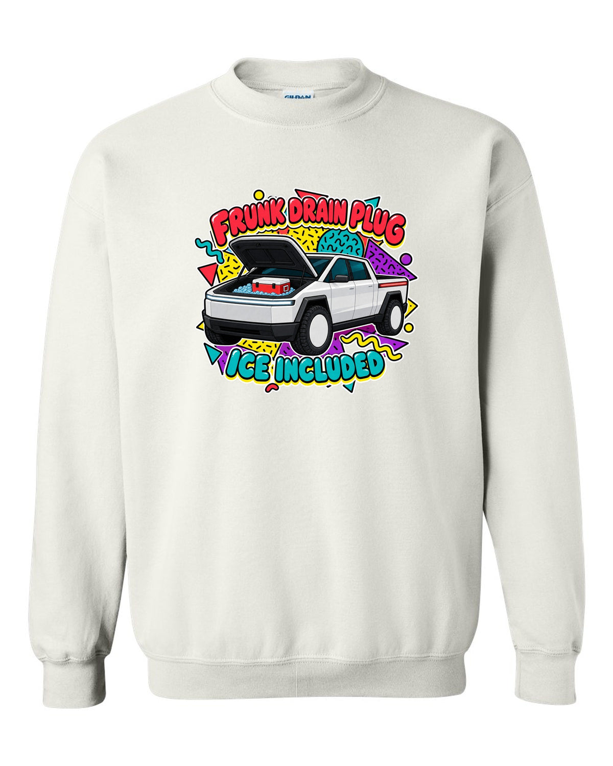 Ford F-150 Lightning retro sticker sheet print about the frunk drain plug and ice white crewneck front view with the design