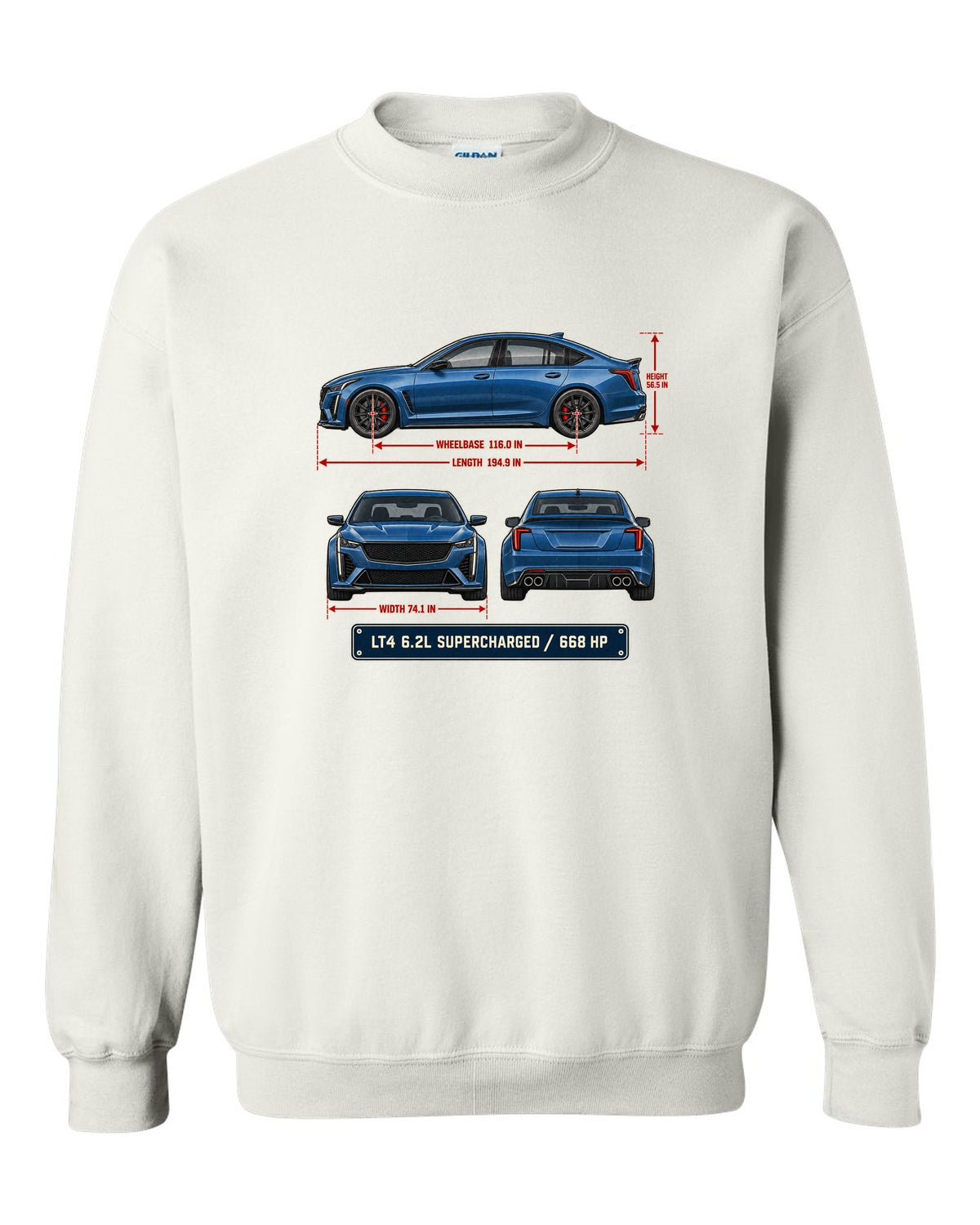 Dimension blueprint print of a Cadillac CT5-V Blackwing sedan white crewneck front view with the design