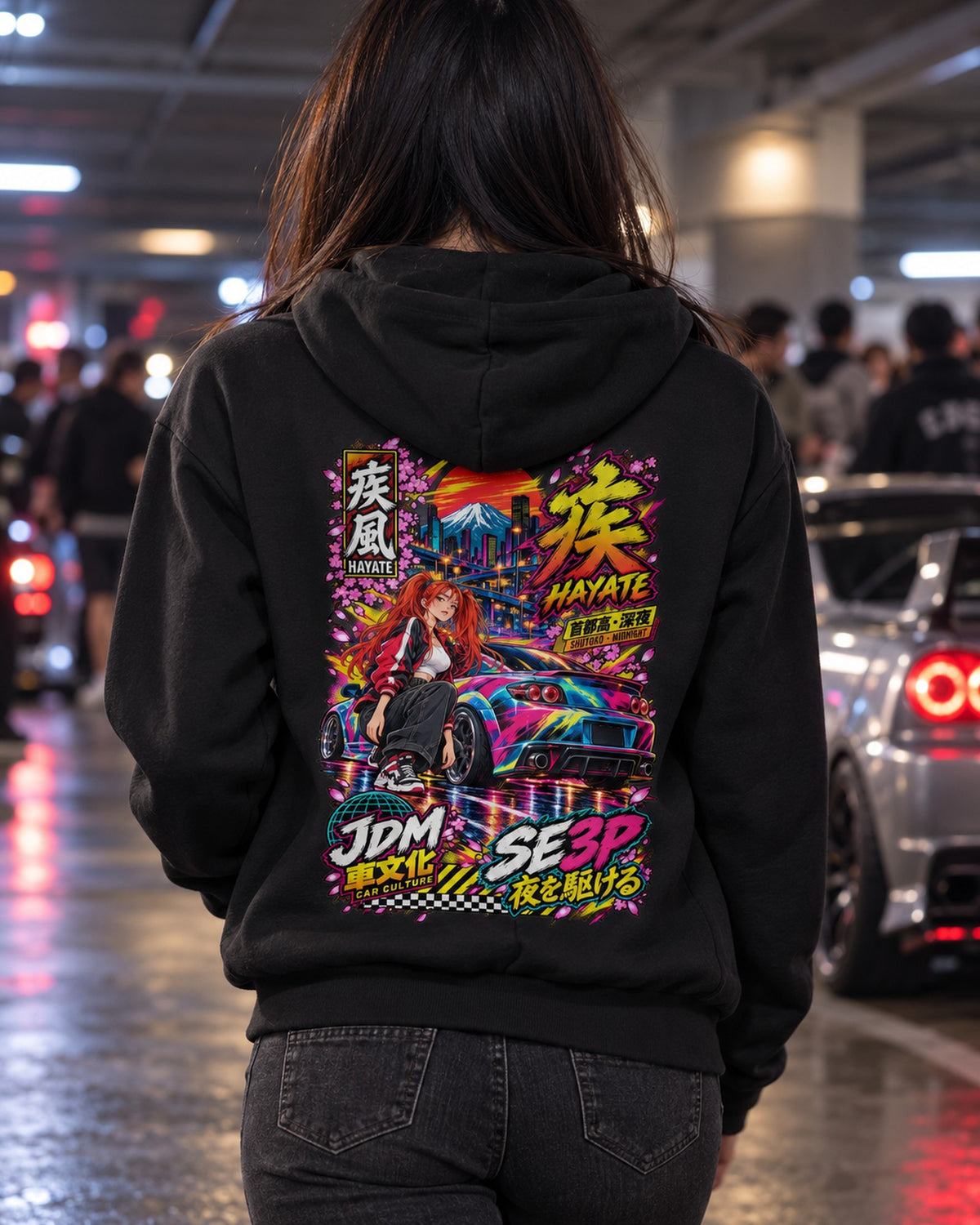 HAYATE SE3P Anime Girl Full-Back Graphic Tee Zip Hoodie Black worn hero