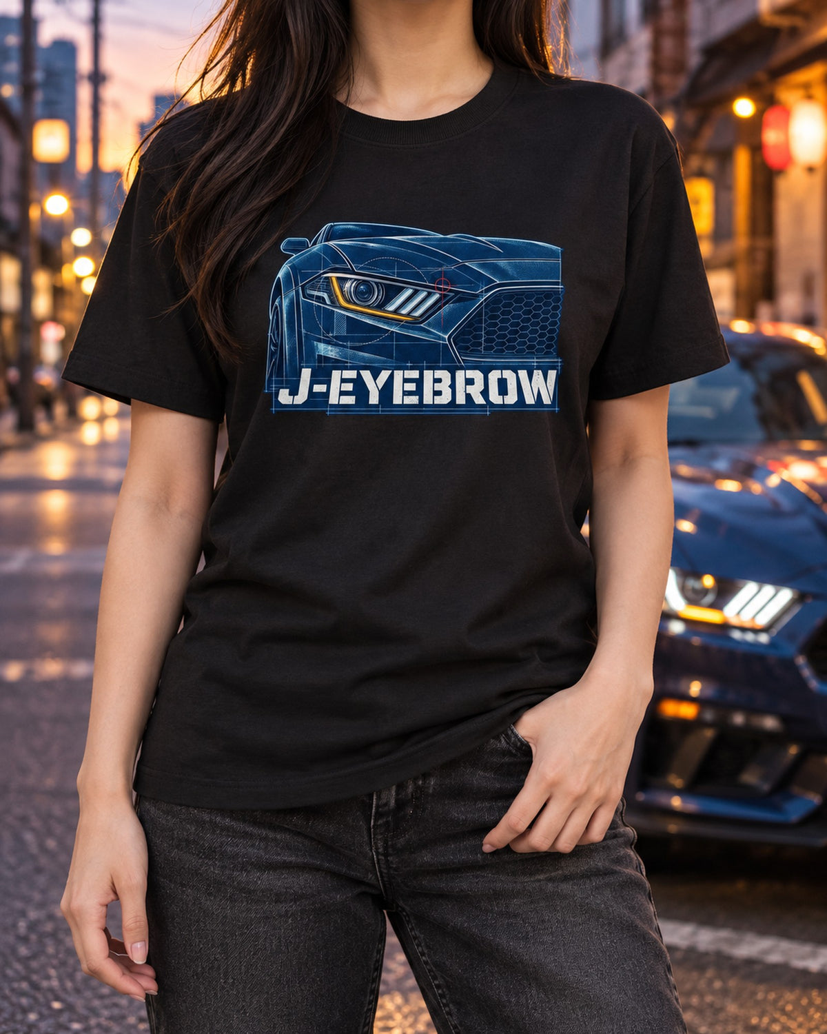 S550 Mustang Fastback J-Eyebrow Cyanotype Blueprint Shirt T-Shirt Black worn hero