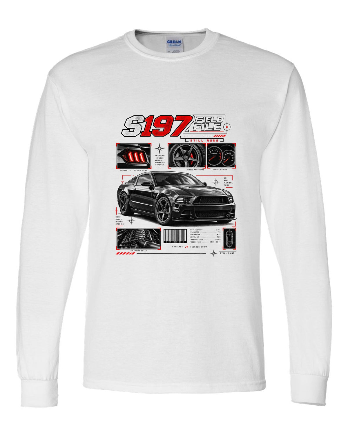 Four-panel dossier print of a Ford Mustang S197 GT fastback white long sleeve front view with the design