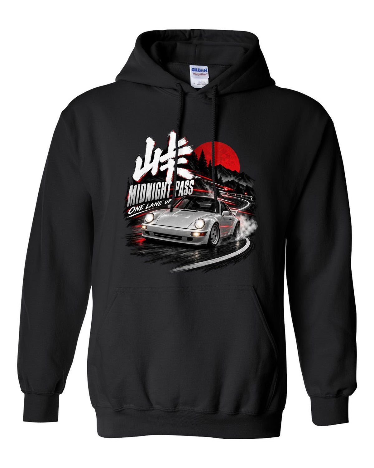 Touge night print of an outlaw-style Porsche 911 Carrera 4 964 on a mountain pass black pull over hoodie front view with the design