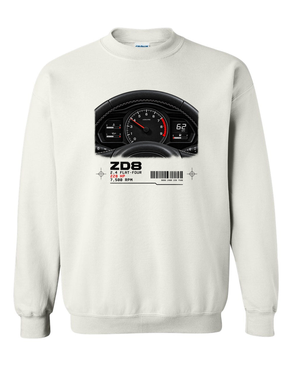 Cockpit gauge cluster print for the Subaru BRZ ZD8 with 2.4 flat-four, 228 HP and 7,500 RPM text white crewneck front view with the design