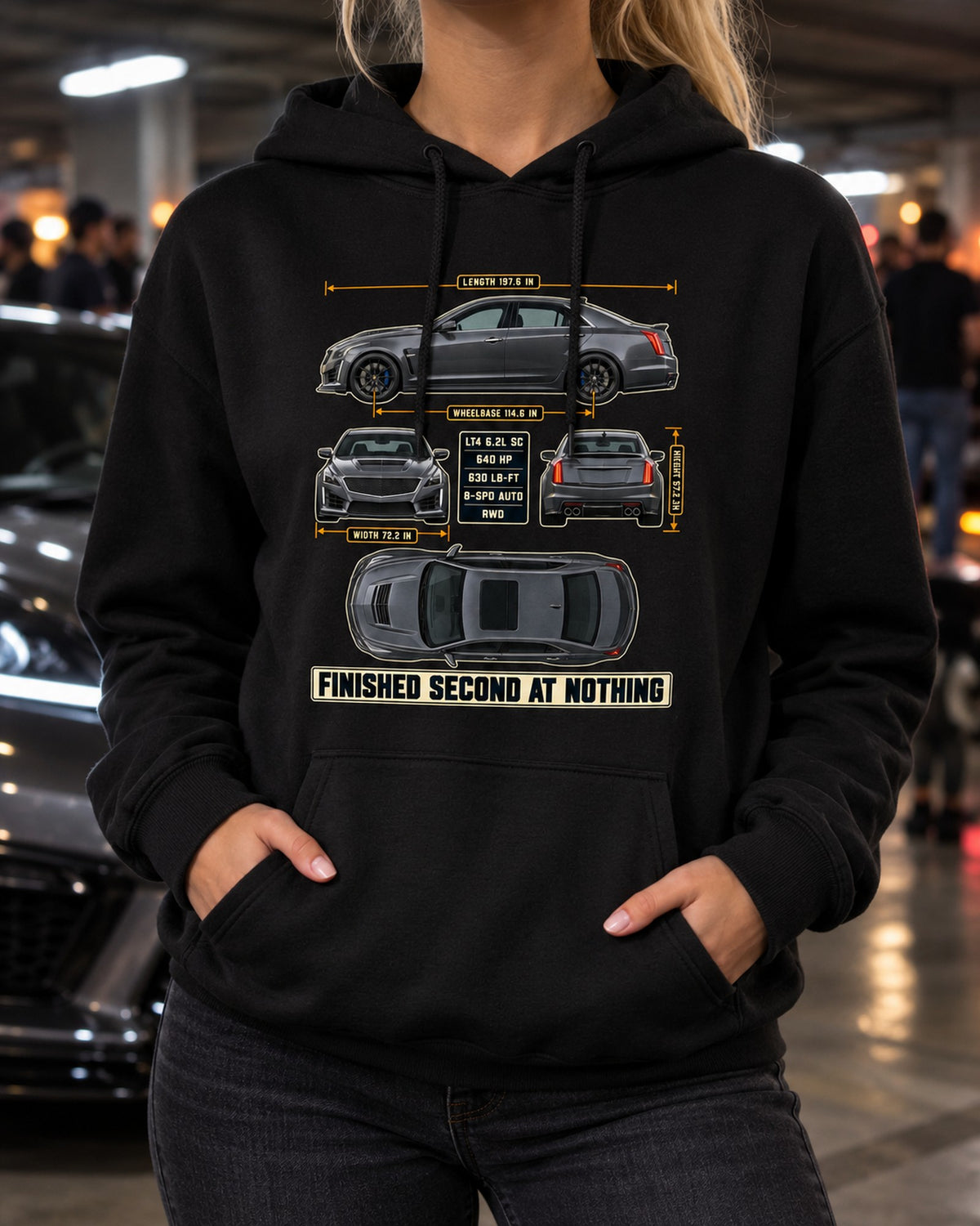 2016-19 Cadillac CTS-V Dimension Dossier Blueprint Shirt Pull Over Hoodie Black worn hero