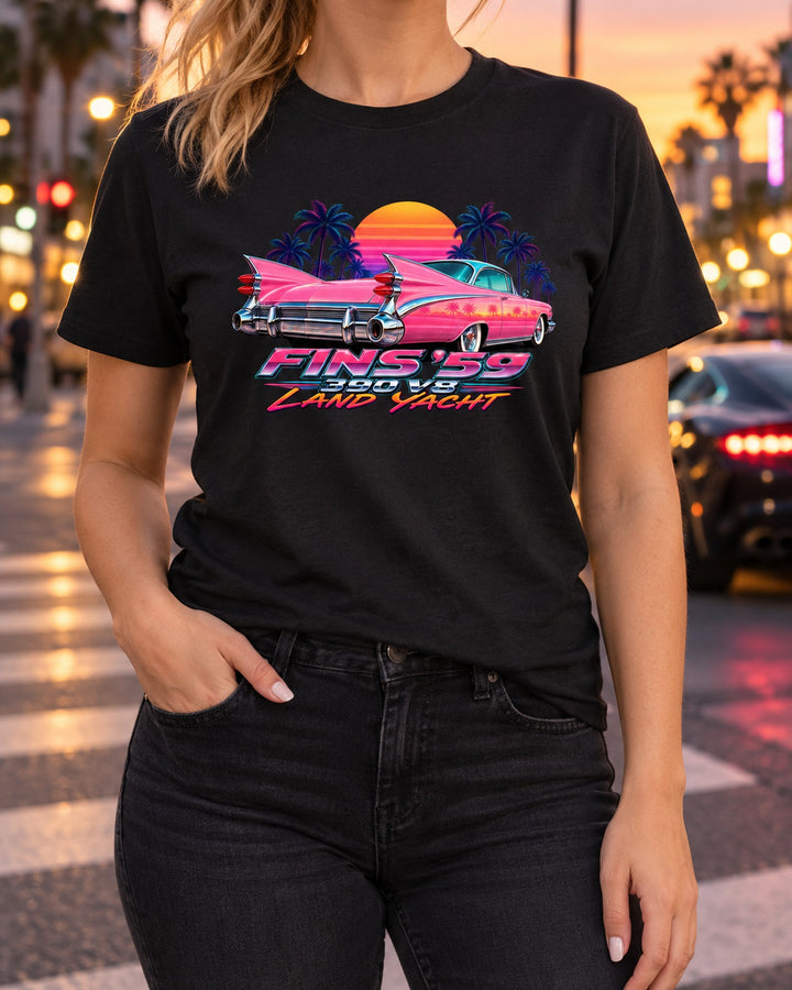 1959 Cadillac Series 62 Fin Sunset print Tee T-Shirt Black worn hero