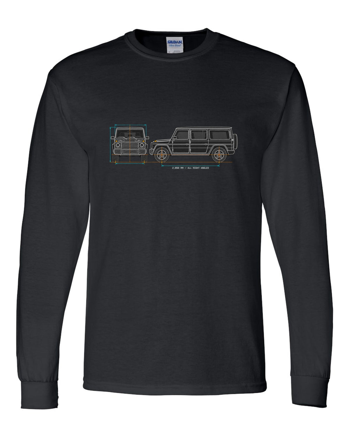 Neon outline graphic of a Mercedes SLS AMG C197 with gullwing doors open, print black long sleeve front view with the design