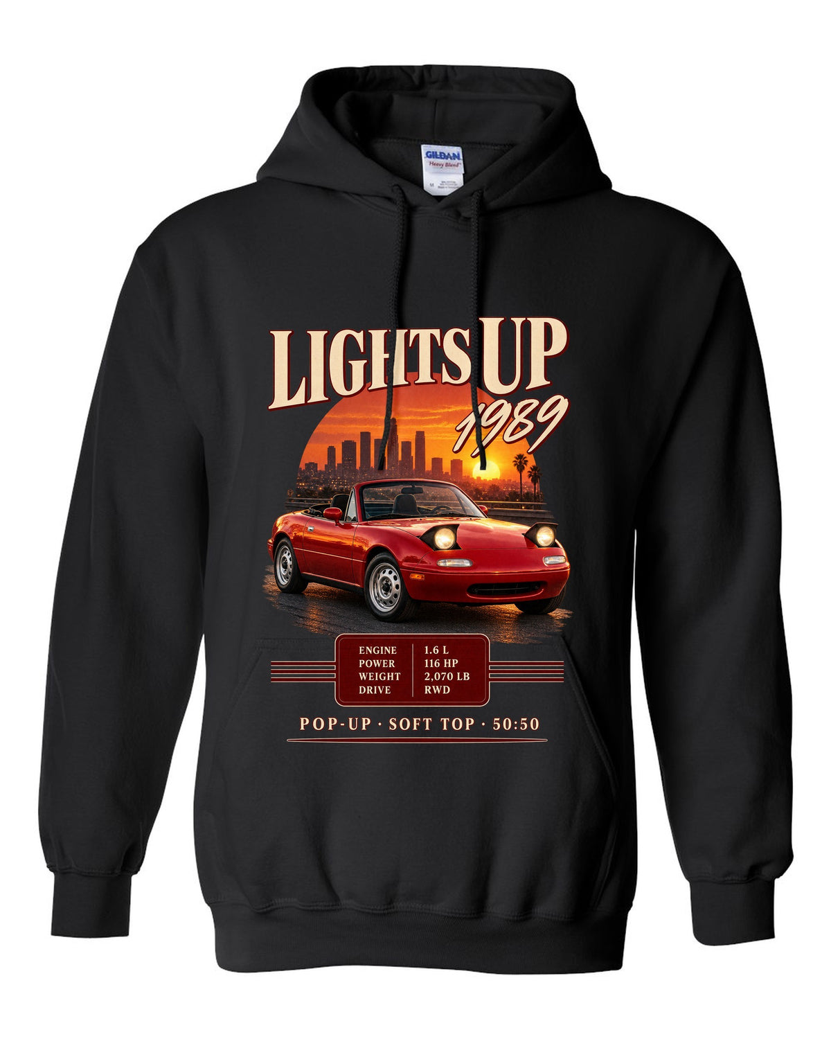 Archive panel print for the 1989 Mazda MX-5 NA with 116 HP, 2,070 lb and pop-up headlight specs black pull over hoodie front view with the design