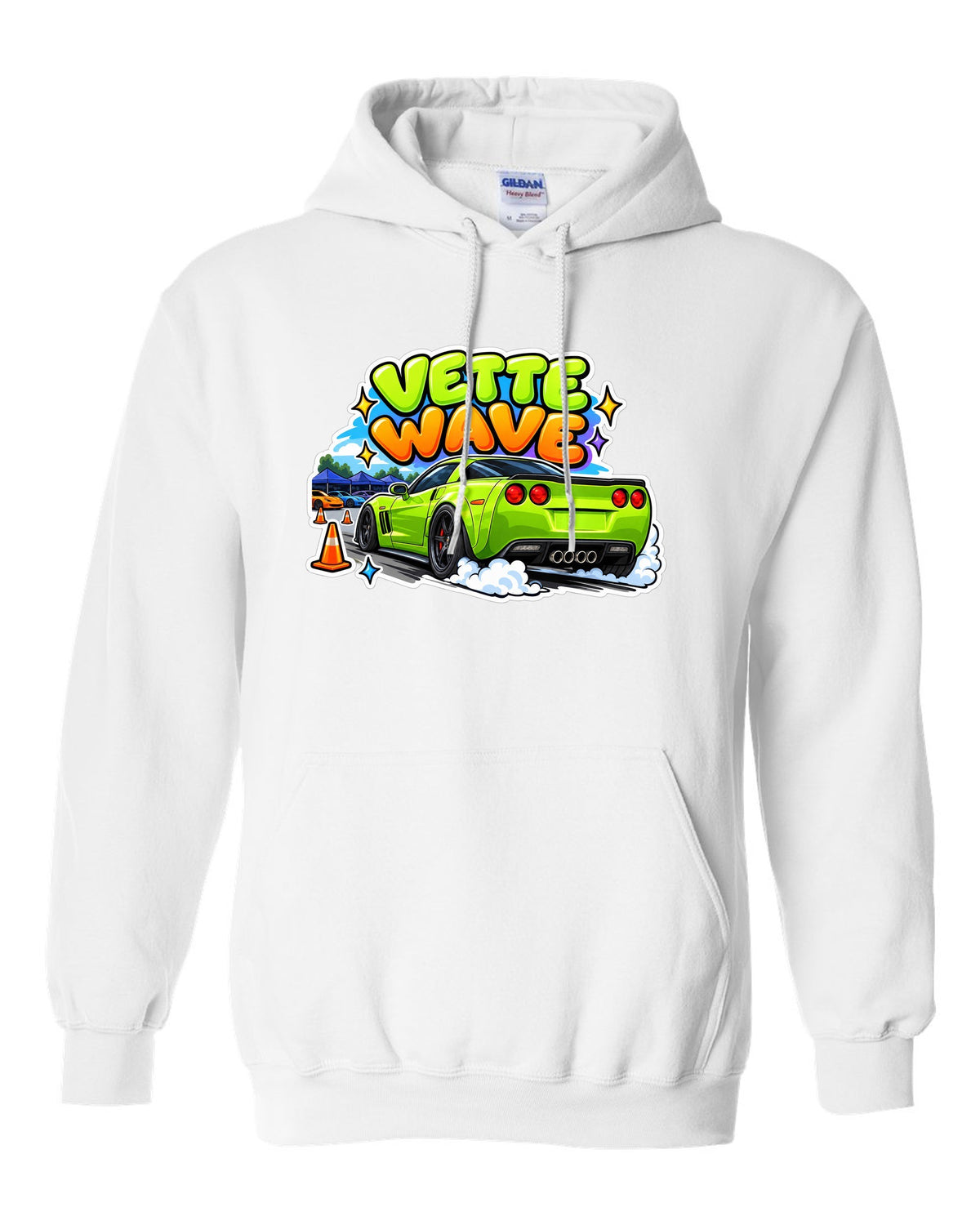 Cartoon sticker sheet print of a 2008 Chevrolet Corvette C6 Z06 with Vette Wave lettering white pull over hoodie front view with the design