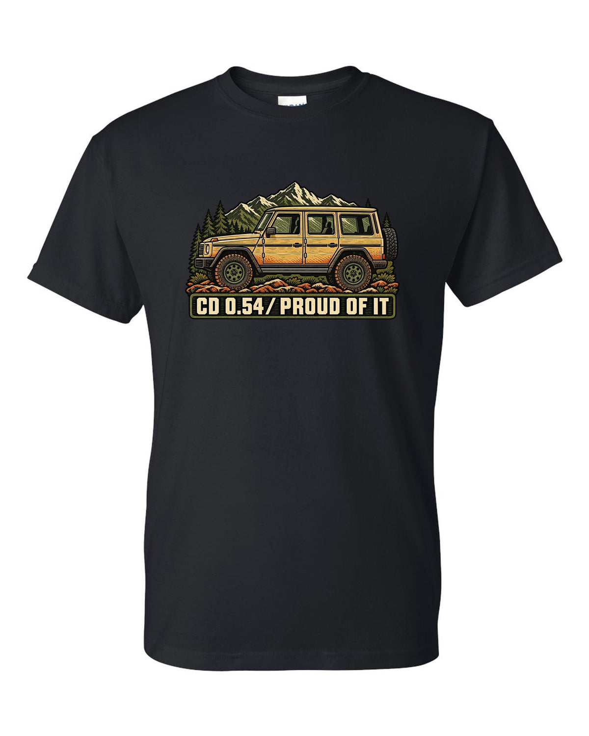 Mercedes G-Class W463 Dust and Hinges Linocut Profile black t-shirt front view with the design