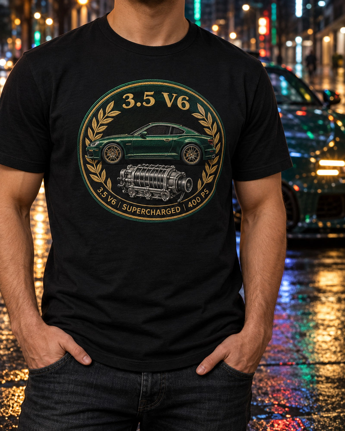 Emira Final Petrol Crest Shirt, Lotus 3.5 V6 Supercharged T-Shirt Black worn hero
