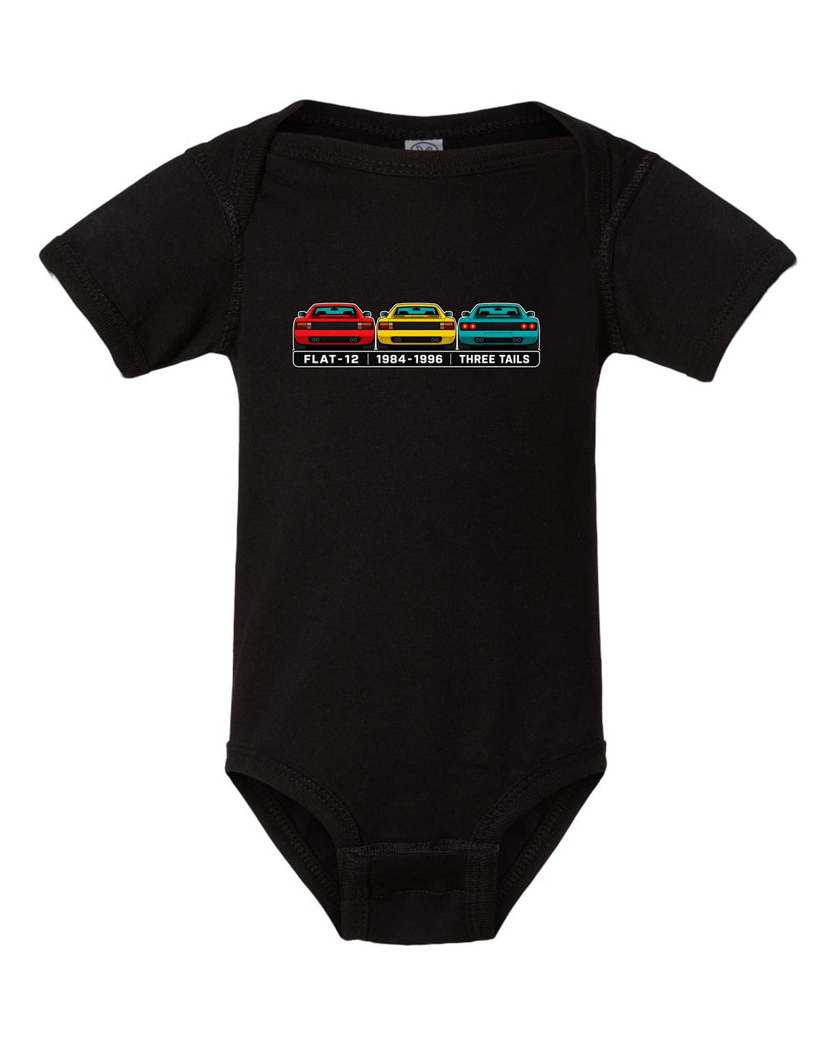 Flat colour infographic of Ferrari Testarossa, 512 TR and F512 M tail ends black baby onesie front view with the design