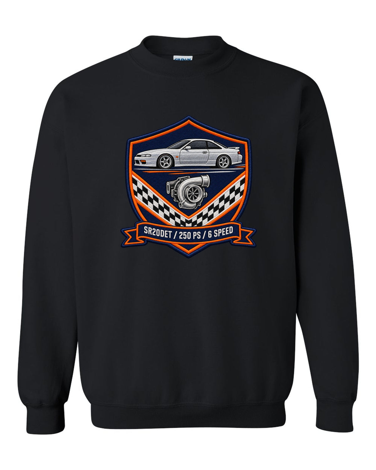 Embroidery-style shield crest print for the Nissan Silvia S15 with SR20DET 250 PS 6 speed lettering black crewneck front view with the design