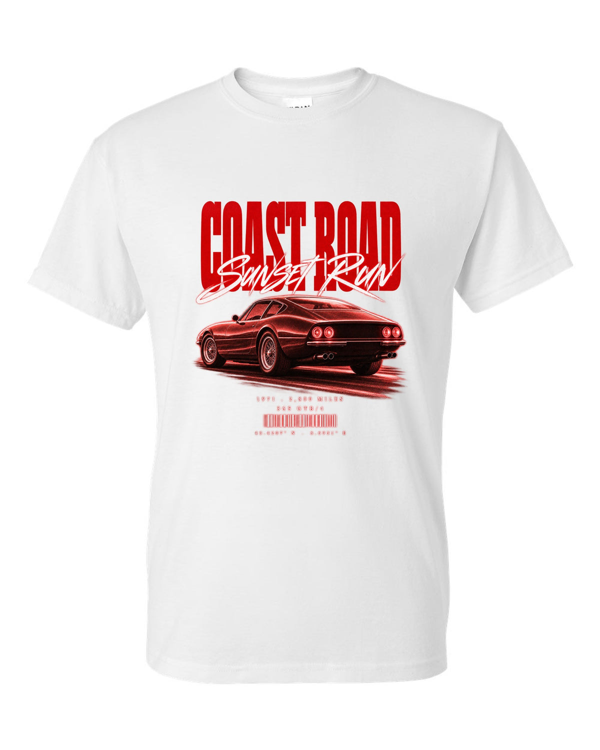 Street poster print of a Ferrari 365 GTB/4 Daytona with Coast Road, Sunset Run, 1971, 2,800 miles white t-shirt front view with the design