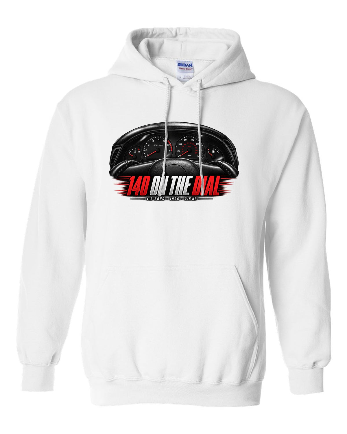 print of an SN95 Ford Mustang GT gauge cluster with 140 on the dial white pull over hoodie front view with the design
