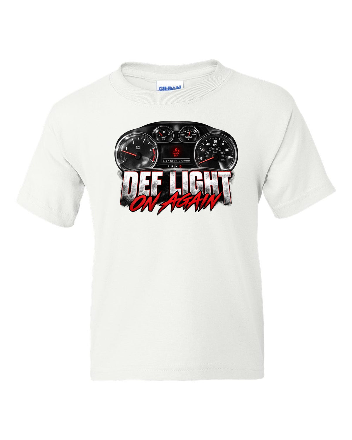 Gauge cluster crop of a 2013 Ram 2500 4th gen 6.7 with the text DEF light, on again white kids tee front view with the design