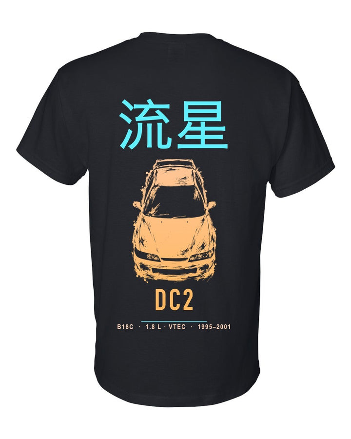 DC2 full-back artwork black t-shirt back view with the design