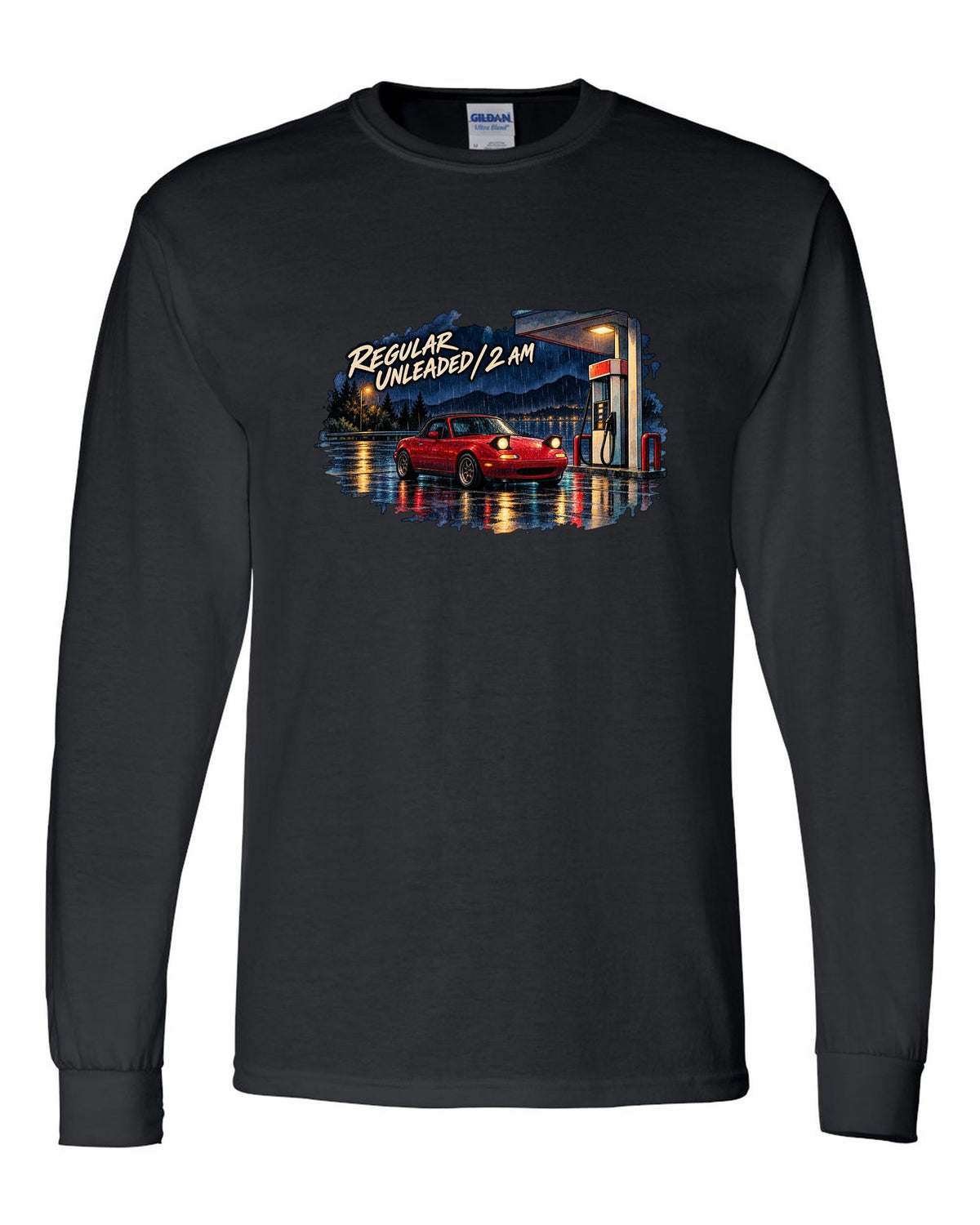 Watercolour wet-road night scene of a Mazda MX-5 NA at a fuel stop black long sleeve front view with the design