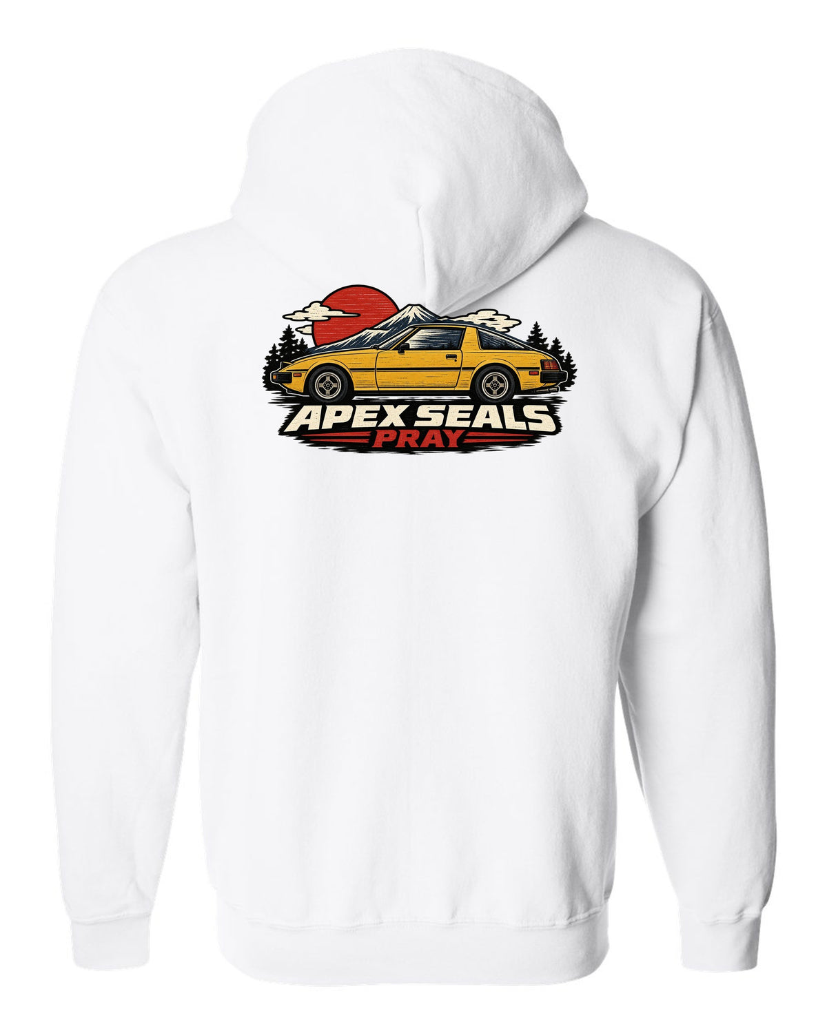 Mazda RX-7 SA22C Linocut Side Profile white zip hoodie back view with the design