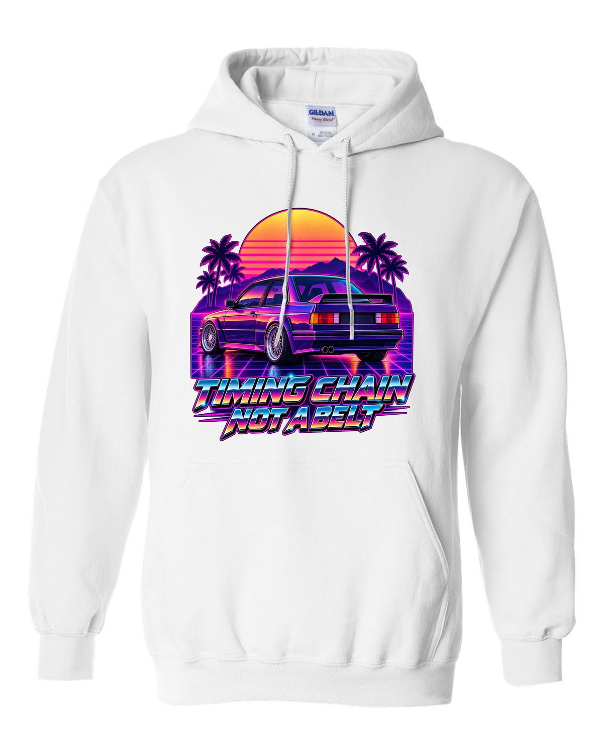 Synthwave outrun illustration of a BMW E30 M3 taillights at dusk with timing chain text white pull over hoodie front view with the design