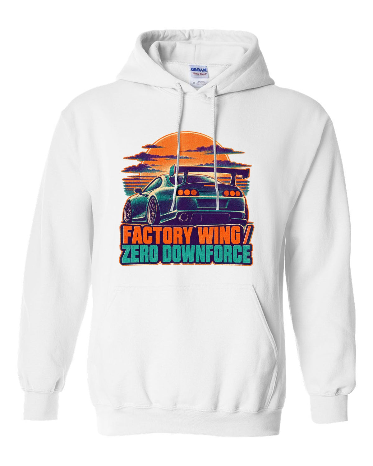 Risograph two-colour dusk print of a Toyota Supra A80 JZA80 with factory wing zero downforce text white pull over hoodie front view with the design