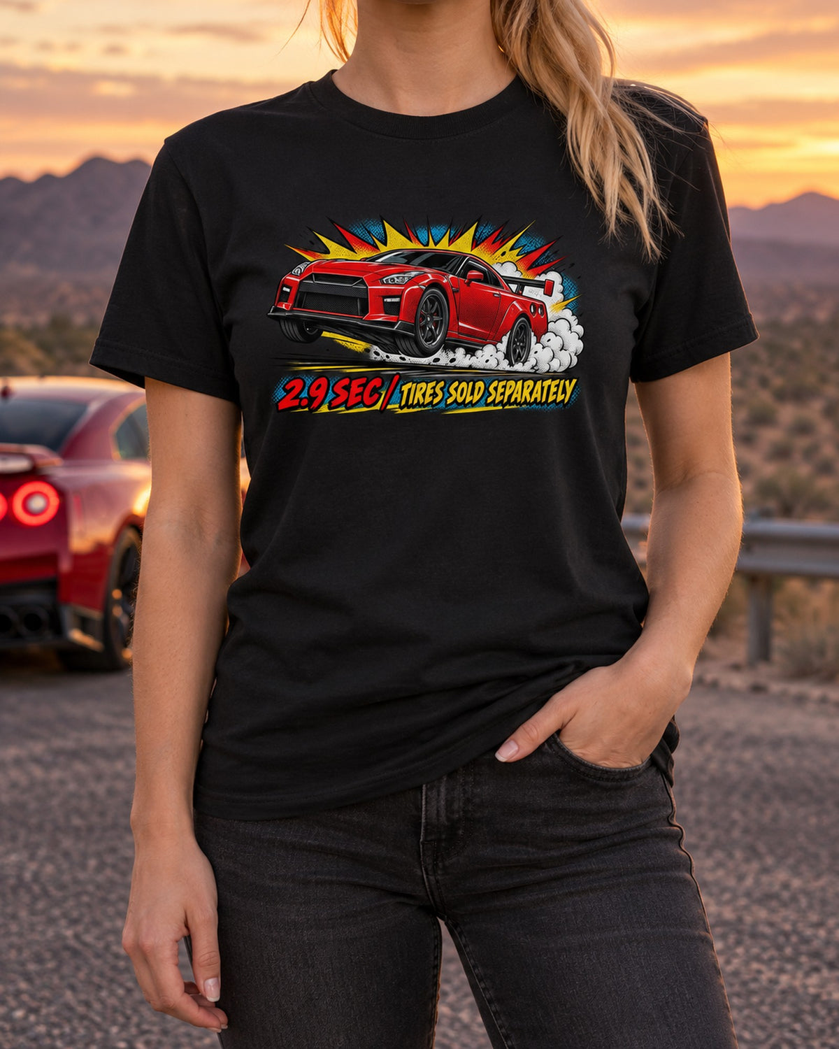 R35 Nissan GT-R Comic Pop Art Launch Graphic Tee T-Shirt Black worn hero