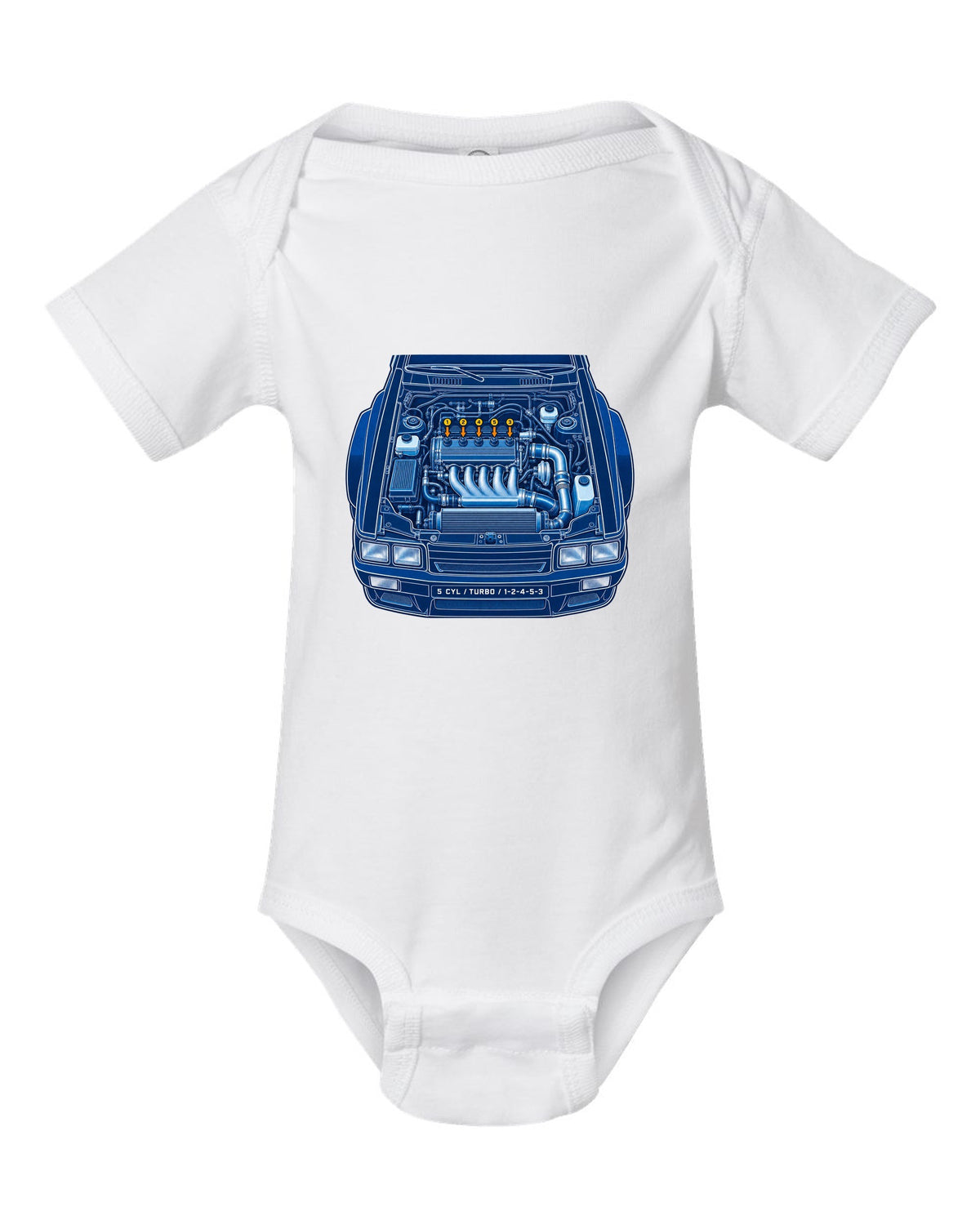 Cyanotype blueprint print of an Audi Ur-Quattro Type 85 with firing order text white baby onesie front view with the design